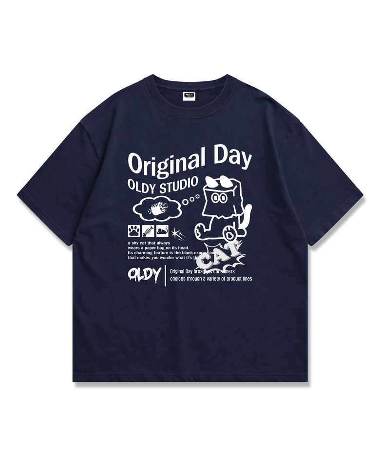 종이봉투 고양이 그래픽 티셔츠 오버핏 남녀공용 Navy