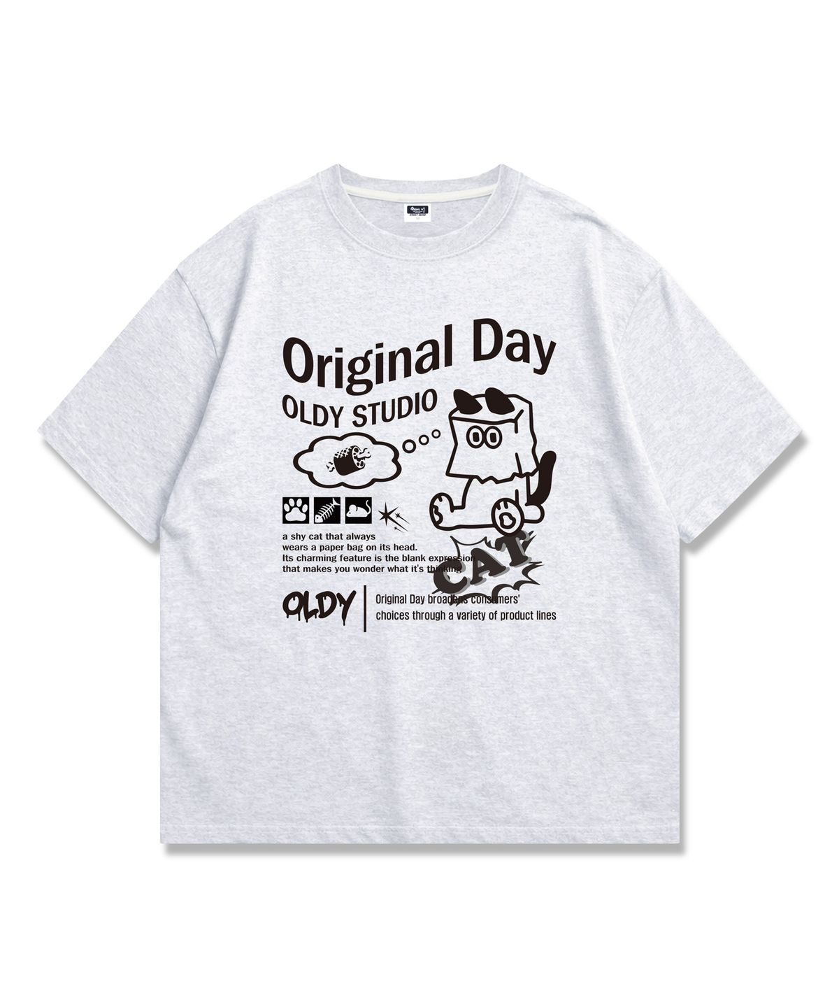 오리지널데이(ORIGINALDAY) 종이봉투 고양이 그래픽 티셔츠 오버핏 남녀공용 White melange
