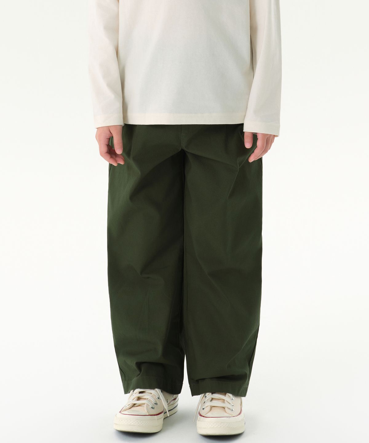 무신사 스탠다드 키즈(MUSINSA STANDARD KIDS) 원 턱 와이드 밴딩 치노 팬츠 [카키]