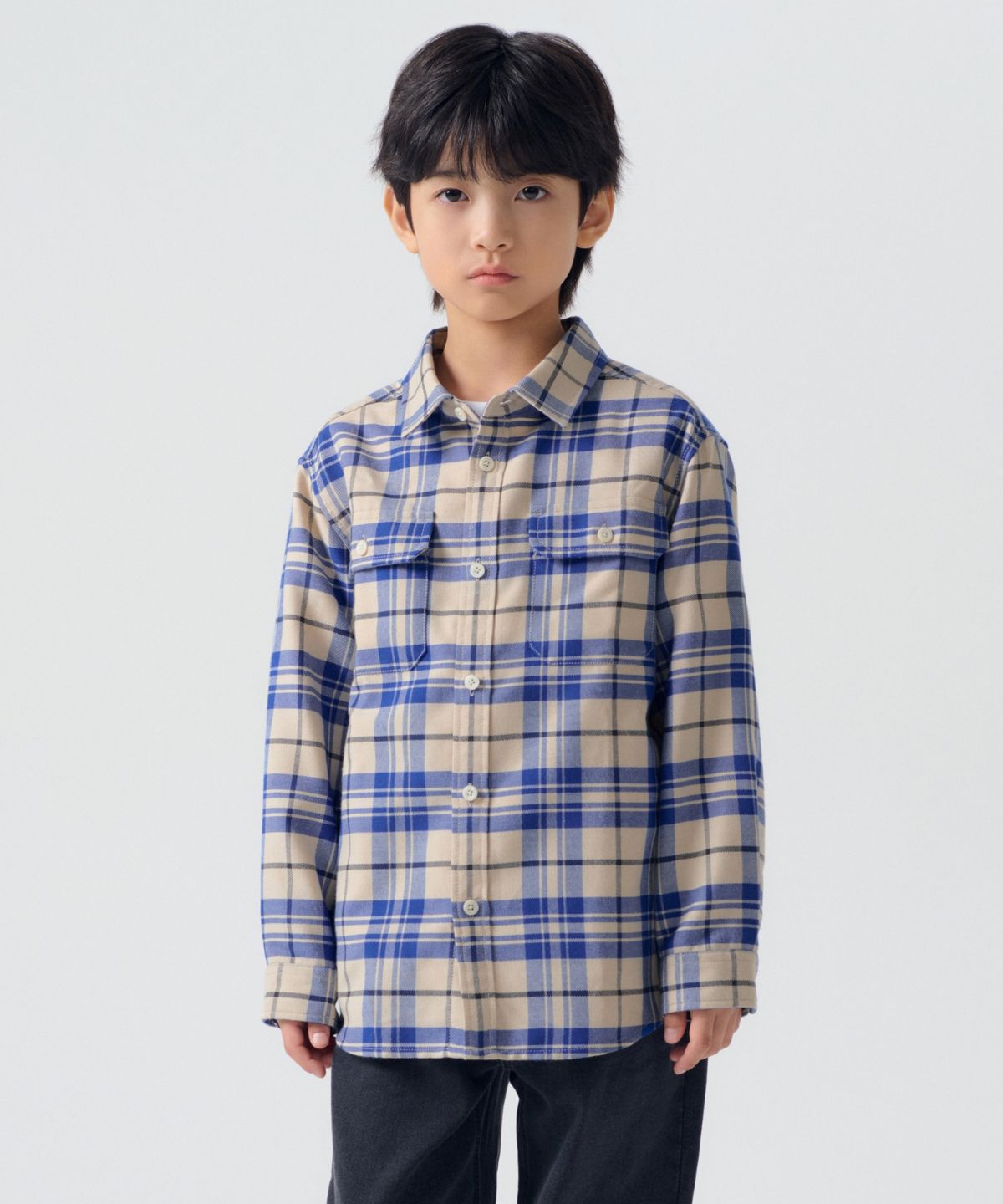 무신사 스탠다드 키즈(MUSINSA STANDARD KIDS) 릴렉스드 투 포켓 체크 셔츠 [라이트 베이지]