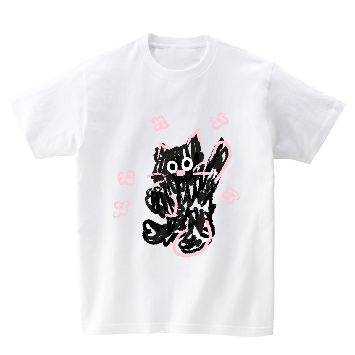 어썸어스(AWESOMEUS) BLACK CAT AND PINK FLOWER T-SHIRTS_4COLOR