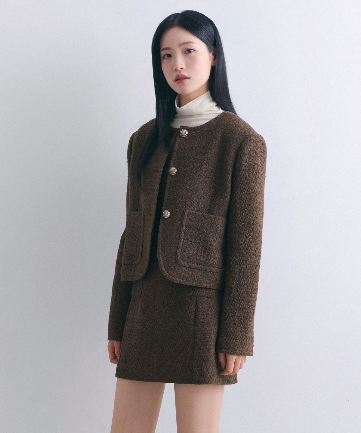무신사 스탠다드 우먼(MUSINSA STANDARD WOMAN) 우먼즈 라운드 넥 트위드 재킷 [브라운]
