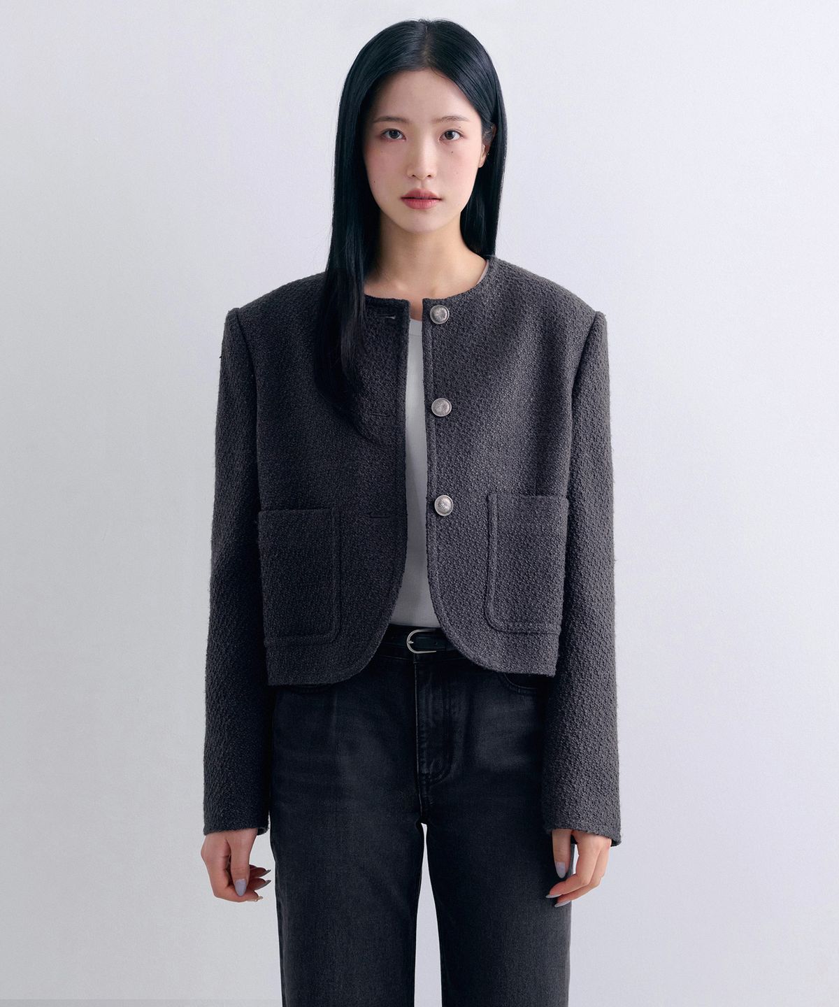 무신사 스탠다드 우먼(MUSINSA STANDARD WOMAN) 우먼즈 라운드 넥 트위드 재킷 [건메탈]