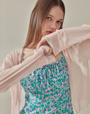 쉬폰 러플 크롭 오픈 가디건 - Pink