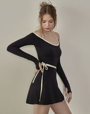 심플 배색 바인딩 랩 스커트 - Black