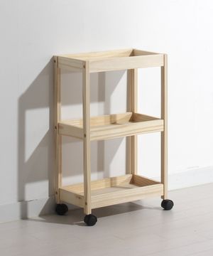 원목 이동식 수납 선반 트롤리 중형 3단