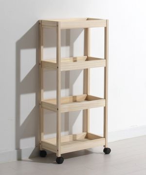 원목 이동식 수납 선반 트롤리 중형 4단
