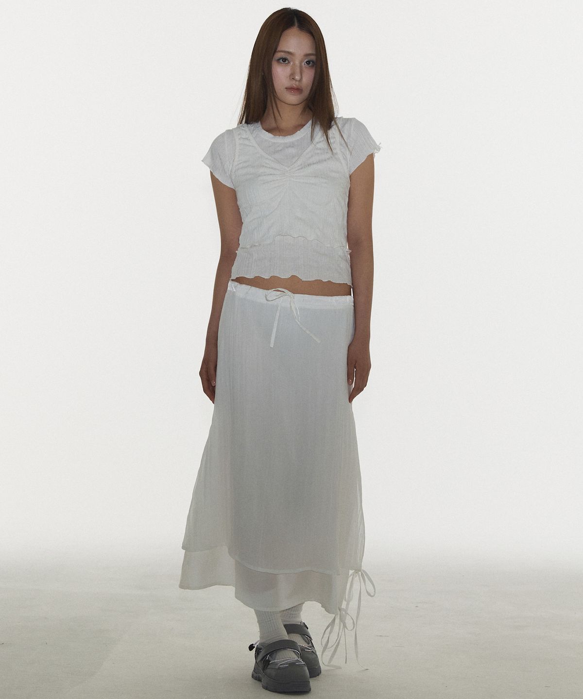 플라즈마스페어(PLASMA SPHERE) SHINE DOUBLE SKIRT IN WHITE(셔링 롱 스커트)