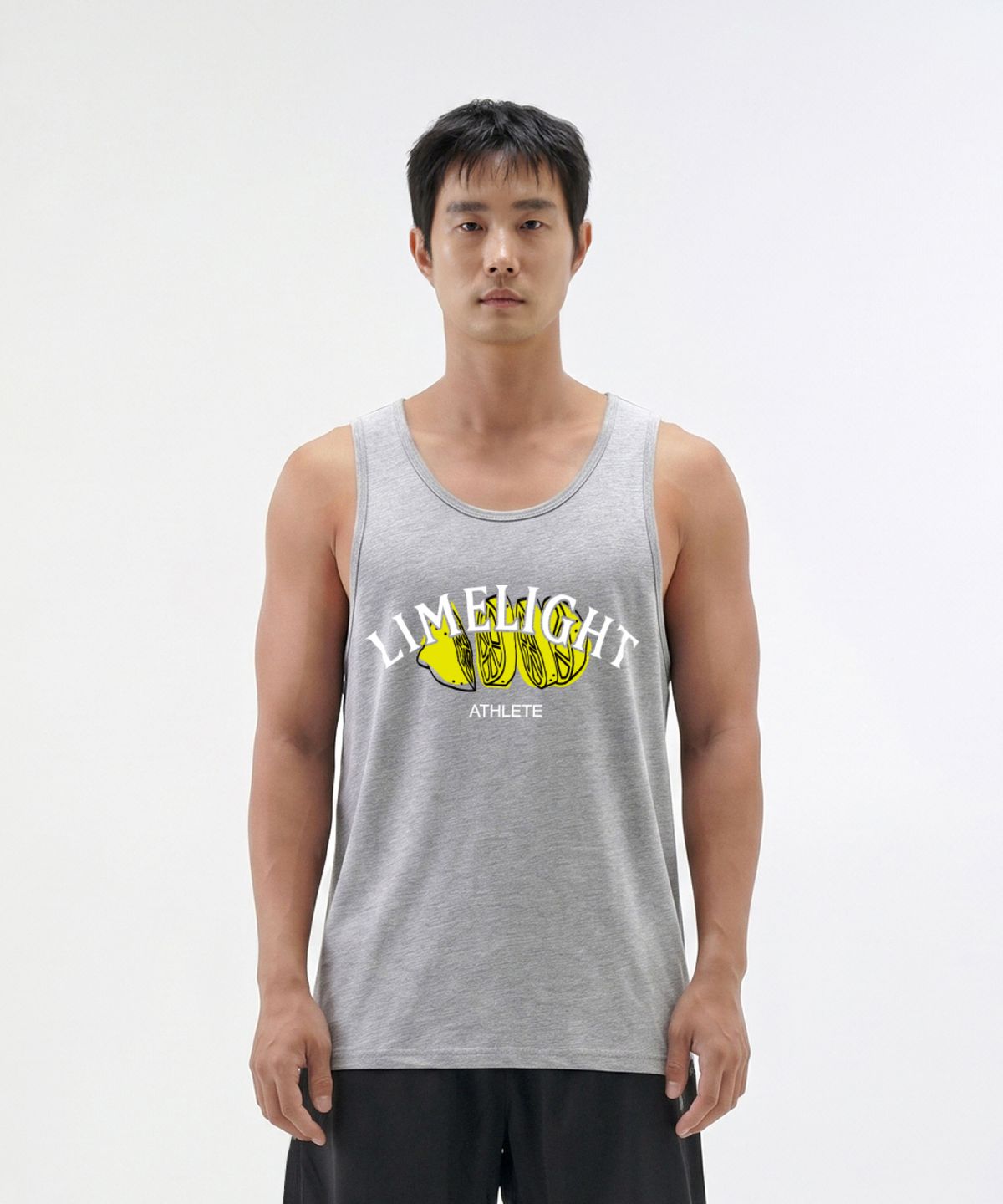 라임라잇 어패럴(LIMELIGHT APPAREL) 아치 로고 라임 슬리브리스 (그레이/화이트)