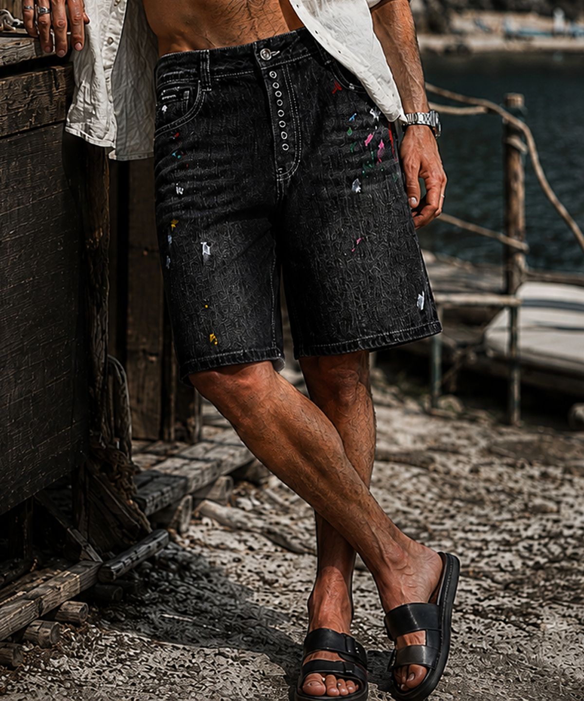 스트라이크(STRIKE) Black Wash Multi Colored Eyelet Denim Shorts (RELAX)