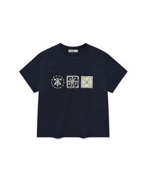 (W) Stamp crop half T-shirts / Navy