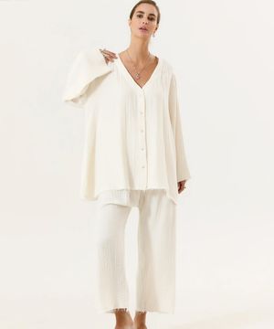 모달 거즈 버튼 긴팔 상하 세트 크림/블랙