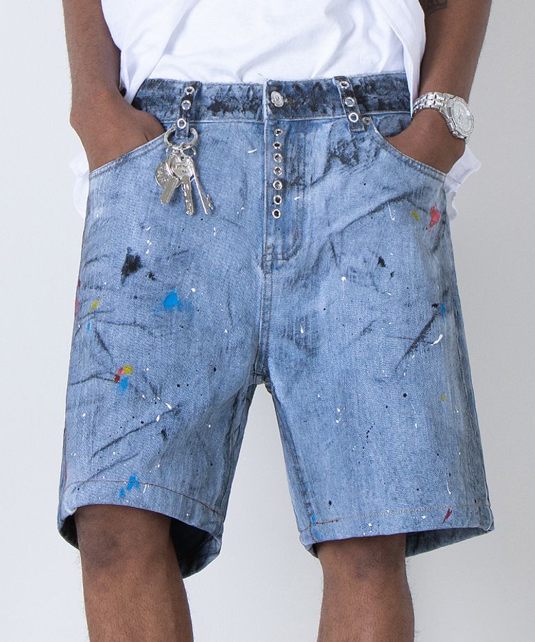 Dirty Wash Multi Colored Eyelet Denim Shorts (RELAX)