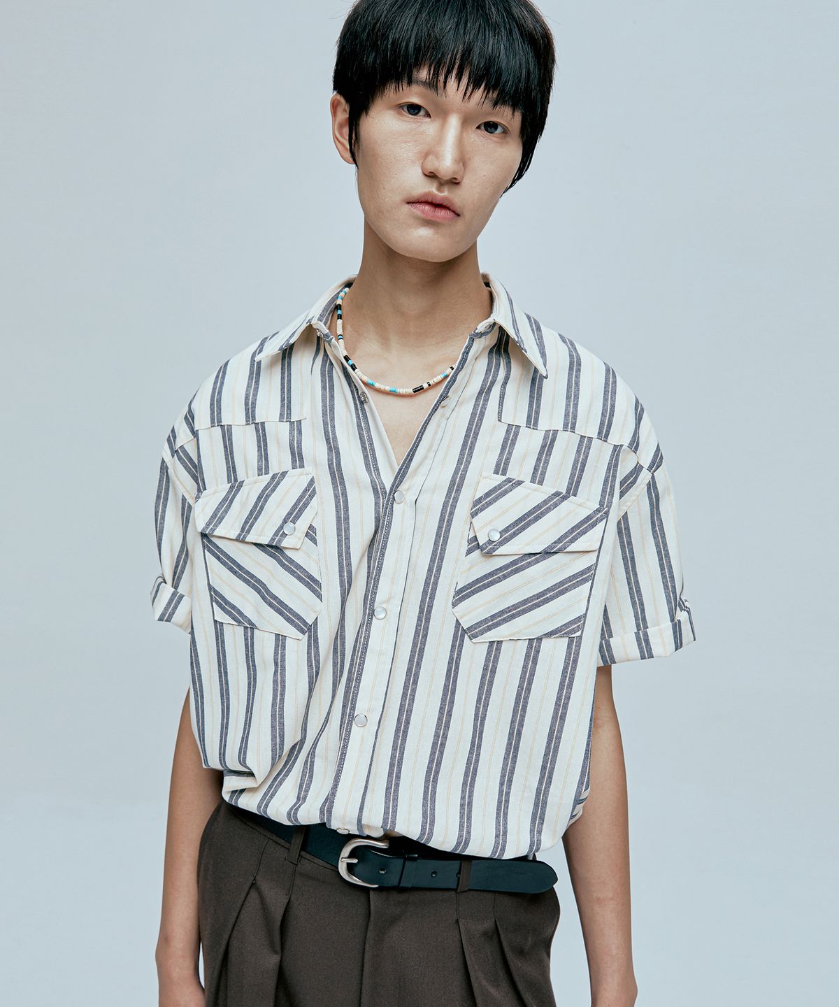 케이엔드(KND) RTR 스트라이프 웨스턴 반팔셔츠 아이보리