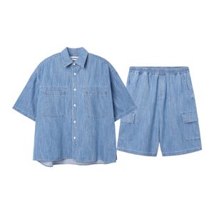 [SET] 투 포켓 린넨 데님 반팔 셔츠+하프 팬츠_라이트블루