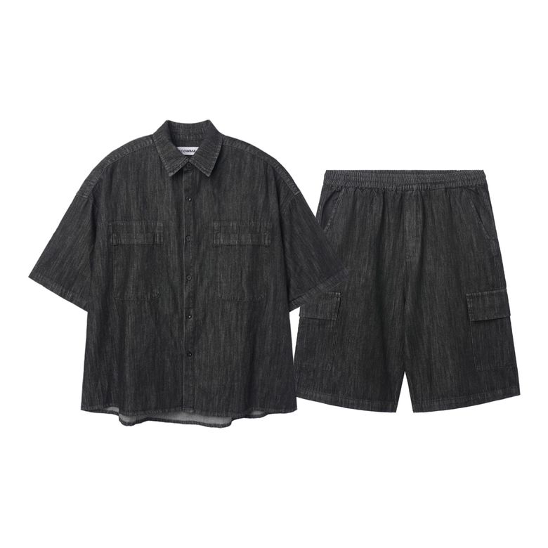 [SET] 투 포켓 린넨 데님 반팔 셔츠+하프 팬츠_다크블루
