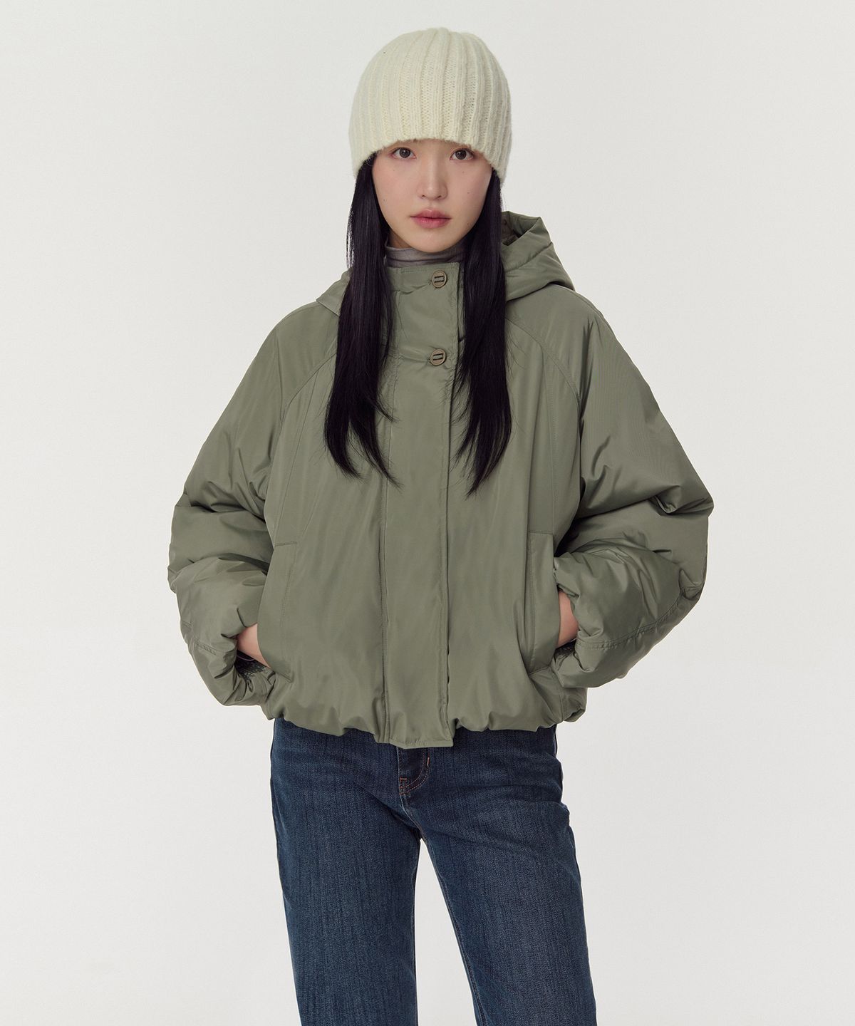 무신사 스탠다드 우먼(MUSINSA STANDARD WOMAN) 우먼즈 후디드 숏 패딩 재킷 [카키]