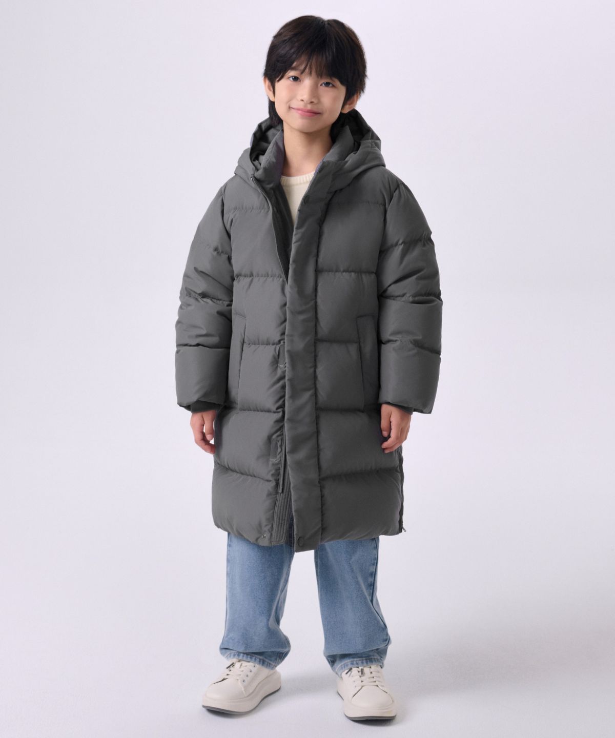 무신사 스탠다드 키즈(MUSINSA STANDARD KIDS) 롱 다운 벤치 파카 [웜 그레이]