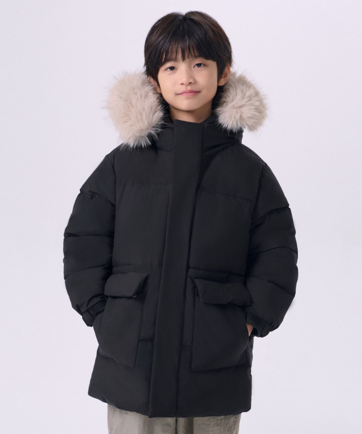 무신사 스탠다드 키즈(MUSINSA STANDARD KIDS) 페이크 퍼 후디드 패딩 파카 [블랙]