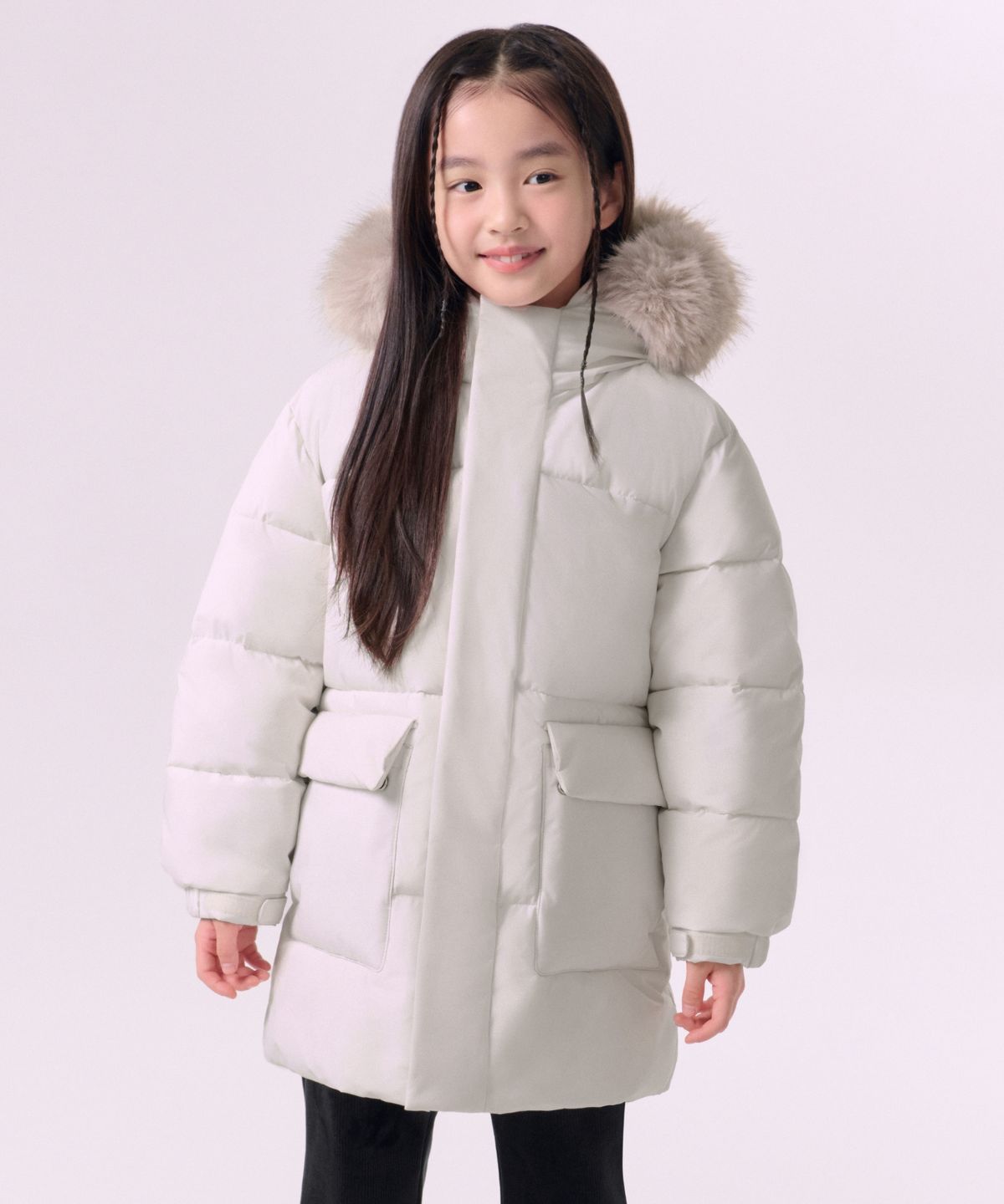 무신사 스탠다드 키즈(MUSINSA STANDARD KIDS) 페이크 퍼 후디드 패딩 파카 [더스티 크림]