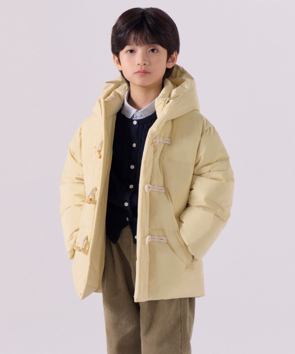 무신사 스탠다드 키즈(MUSINSA STANDARD KIDS) 후디드 더플 숏 패딩 파카 [버터]