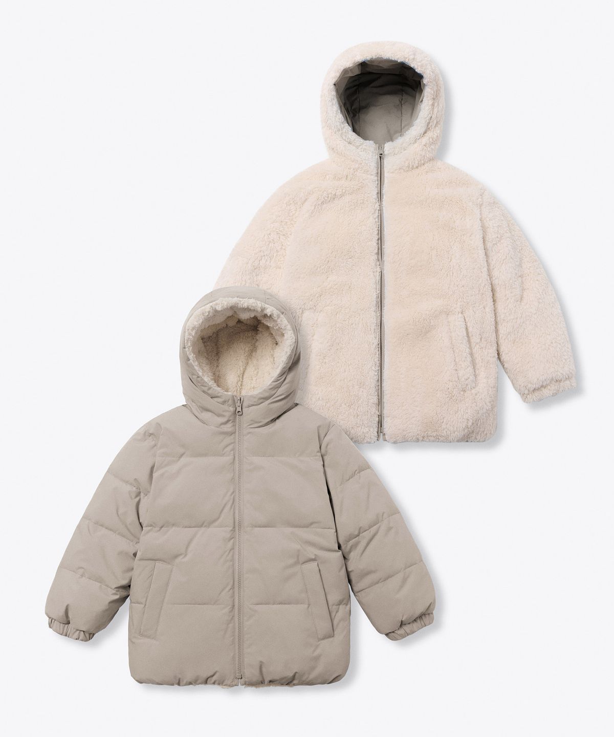 무신사 스탠다드 키즈(MUSINSA STANDARD KIDS) 데일리 푸퍼 리버서블 플리스 후디드 패딩 재킷 [더스티 베이지/크림]