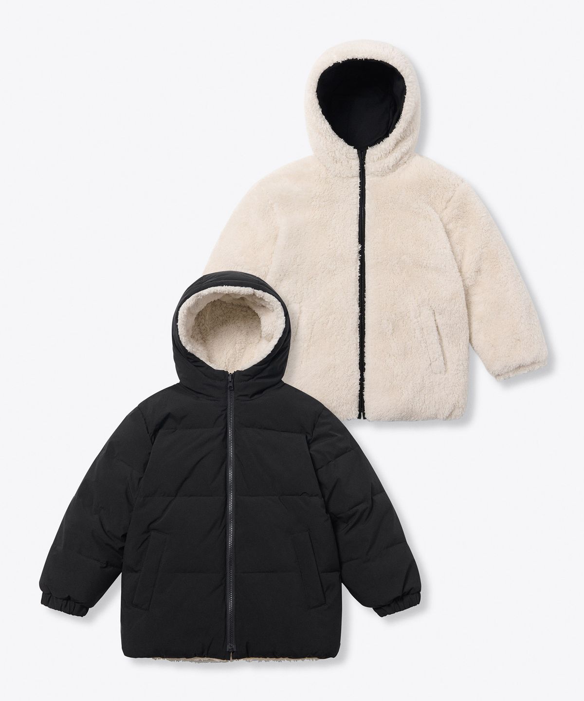 무신사 스탠다드 키즈(MUSINSA STANDARD KIDS) 데일리 푸퍼 리버서블 플리스 후디드 패딩 재킷 [블랙/크림]