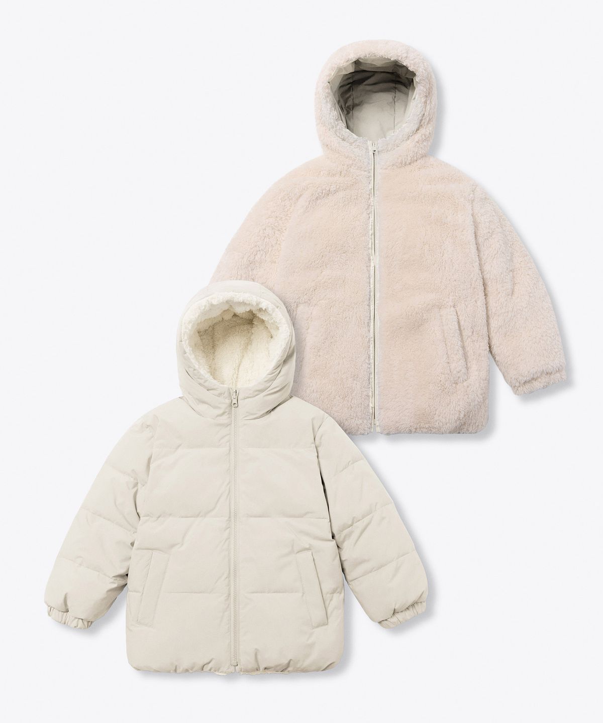 무신사 스탠다드 키즈(MUSINSA STANDARD KIDS) 데일리 푸퍼 리버서블 플리스 후디드 패딩 재킷 [크림/크림]