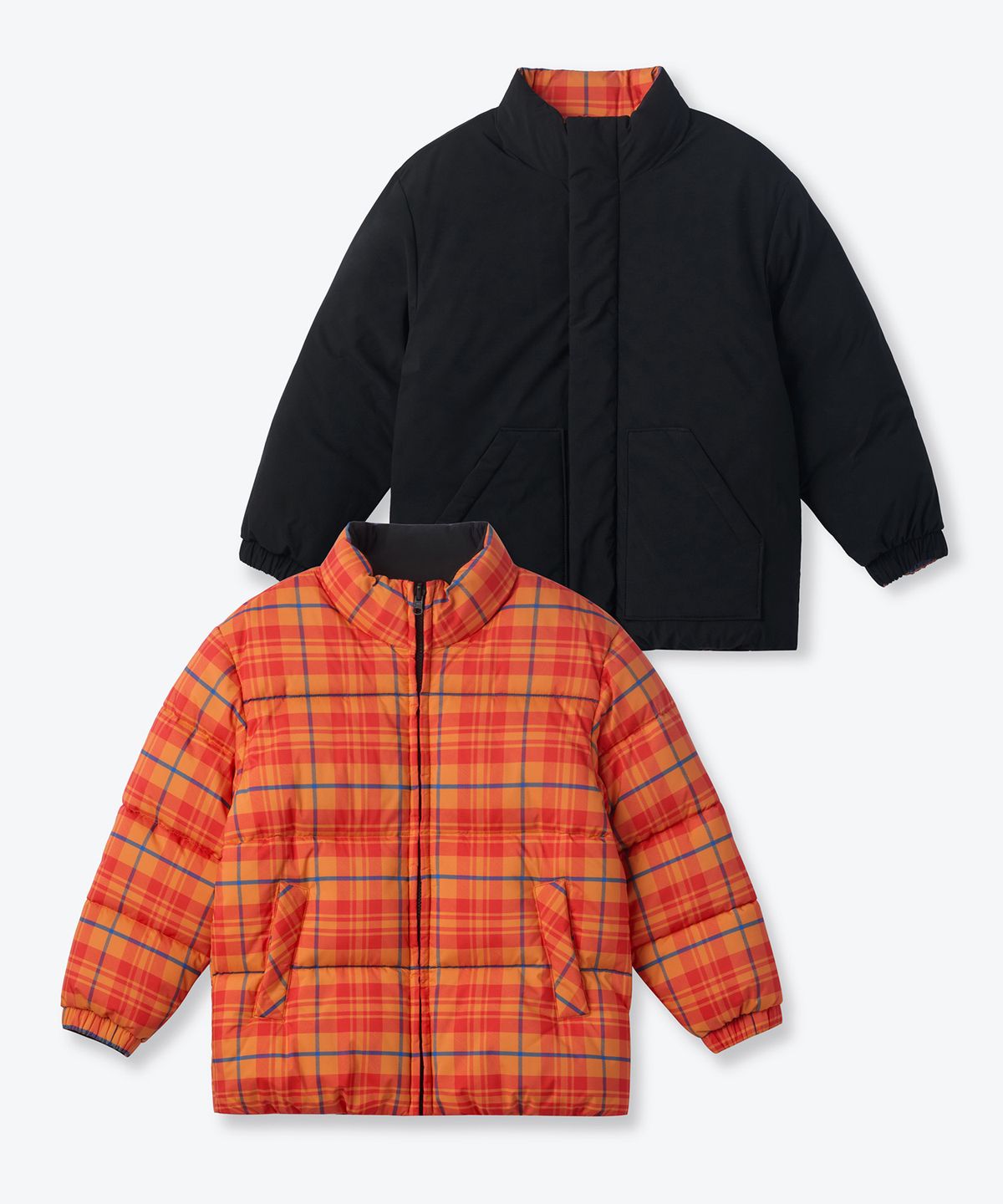 무신사 스탠다드 키즈(MUSINSA STANDARD KIDS) 데일리 푸퍼 리버서블 체크 숏 패딩 재킷 [탠저린/블랙]