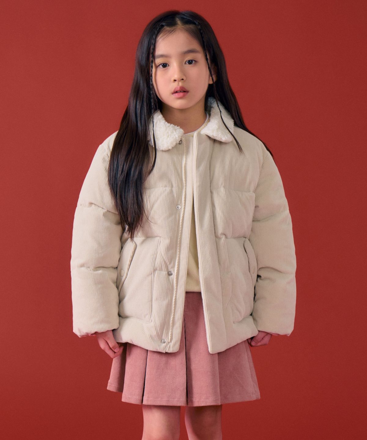 무신사 스탠다드 키즈(MUSINSA STANDARD KIDS) 칼라드 코듀로이 푸퍼 숏 패딩 재킷 [크림]