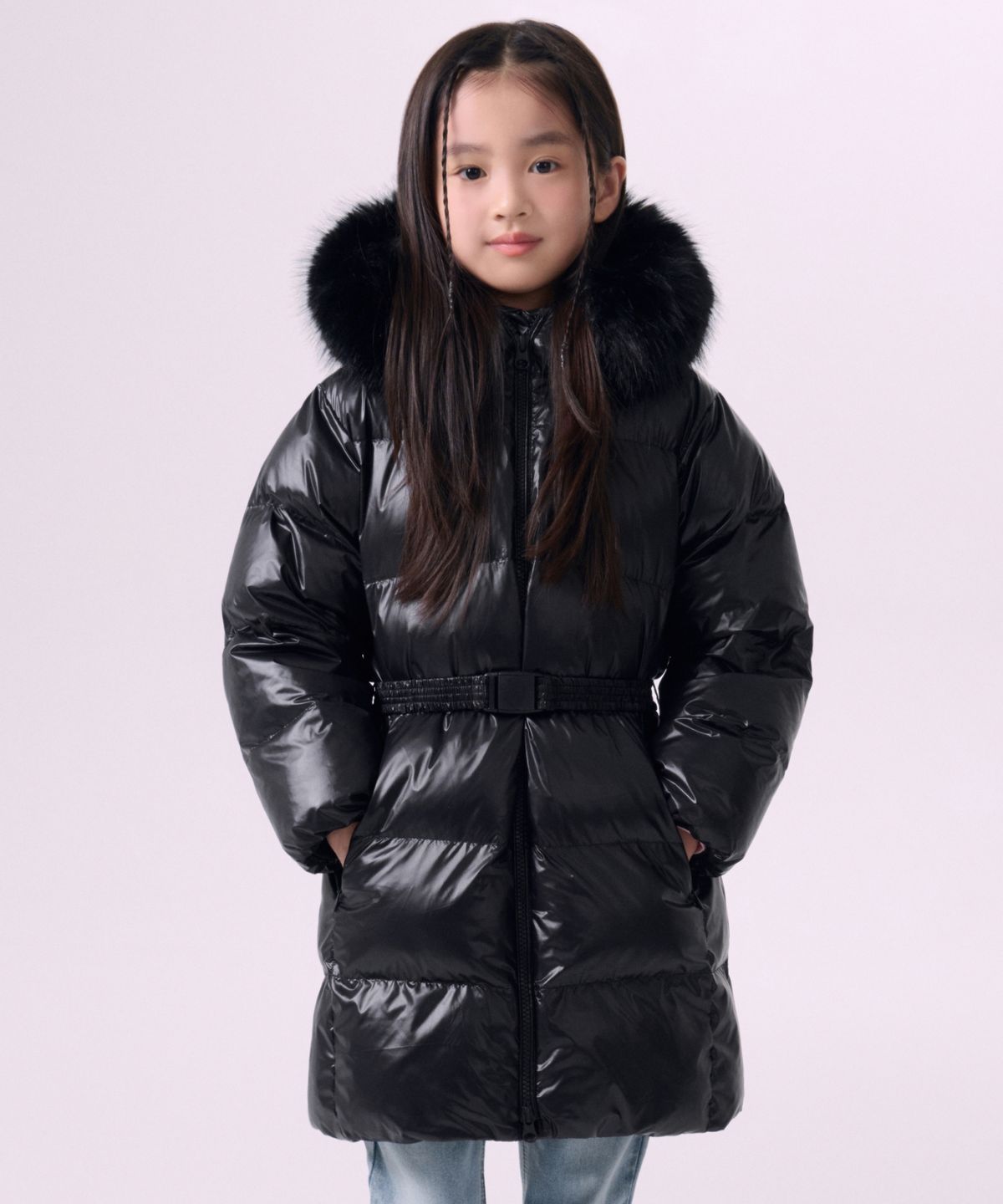무신사 스탠다드 키즈(MUSINSA STANDARD KIDS) 페이크 퍼 벨티드 글로시 패딩 파카 [블랙]