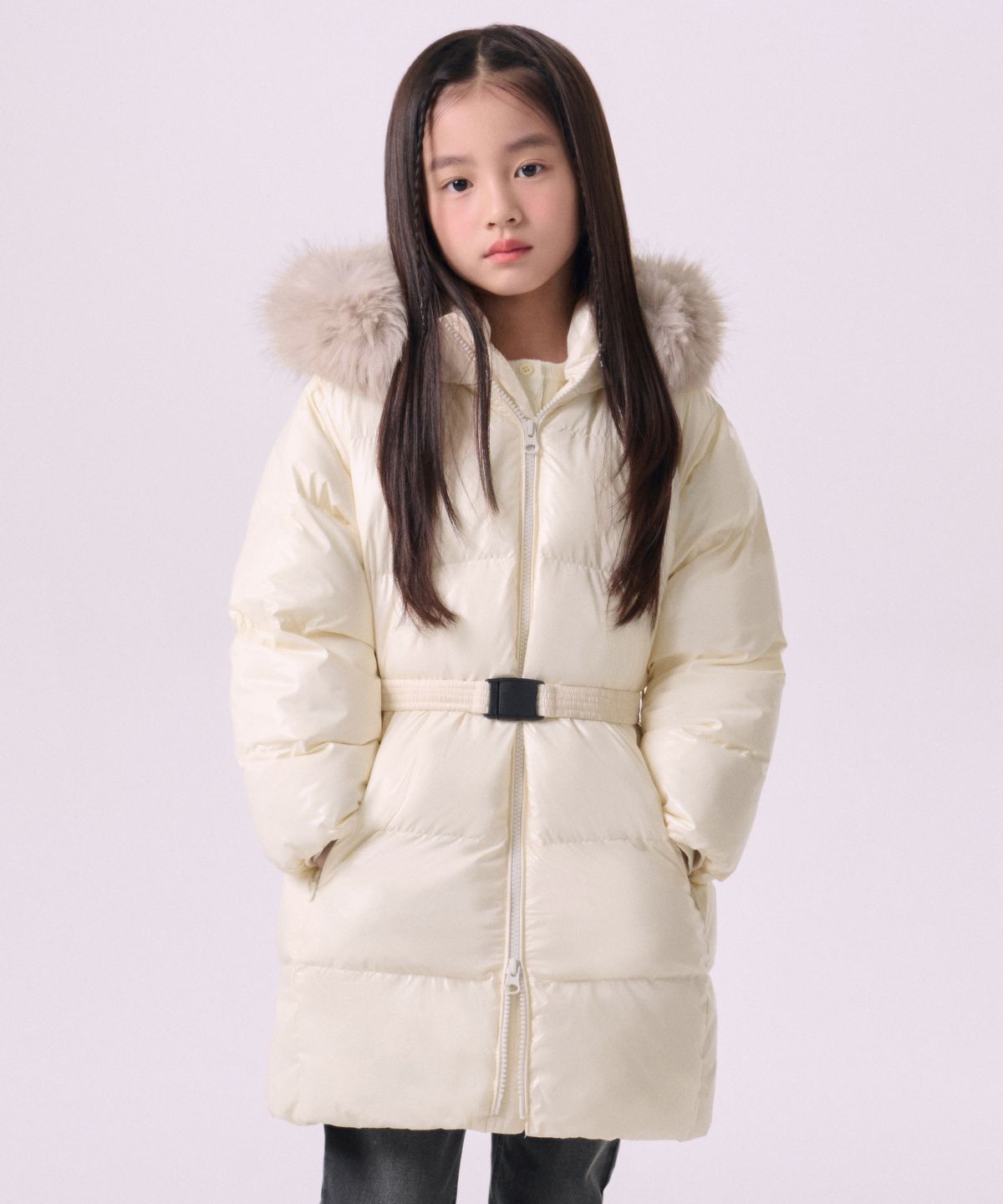 무신사 스탠다드 키즈(MUSINSA STANDARD KIDS) 페이크 퍼 벨티드 글로시 패딩 파카 [크림]