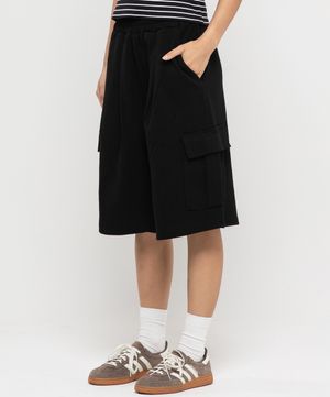 카고 포켓 원턱 버뮤다 스웨트 반바지 [블랙]