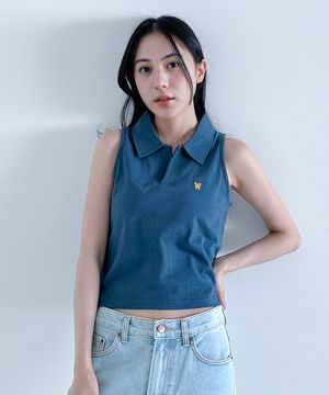 슬릿 카라 크롭 나시티 (블루)