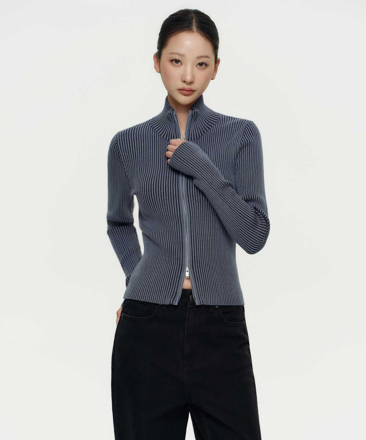 무신사 스탠다드 우먼(MUSINSA STANDARD WOMAN) 우먼즈 투 톤 리브드 슬림 니트 집업 [블루 그레이]