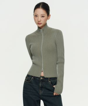 우먼즈 투 톤 리브드 슬림 니트 집업 [세이지]
