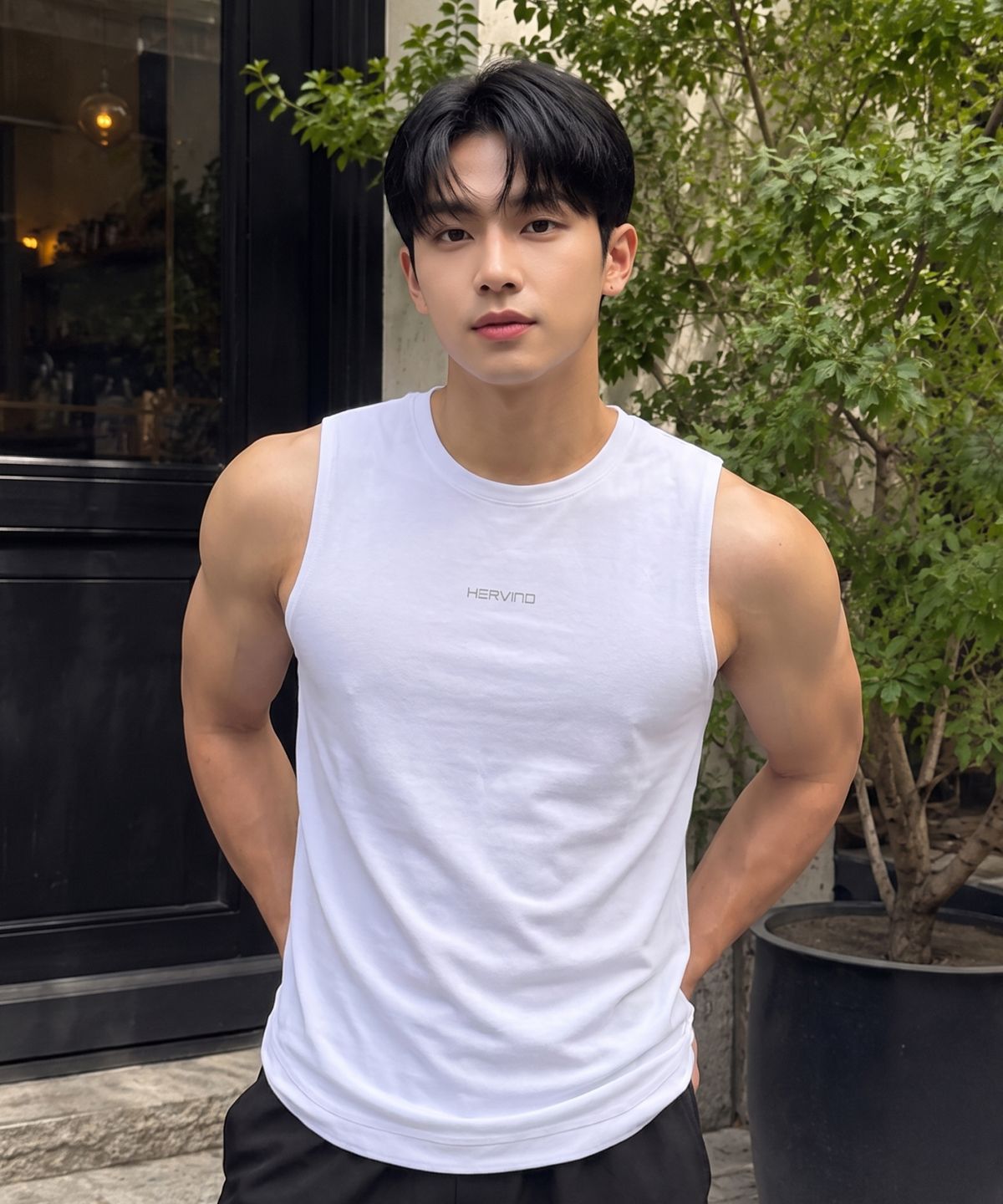 에르비노(HERVINO) 머슬 릴렉스핏 데일리 슬리브리스[화이트]