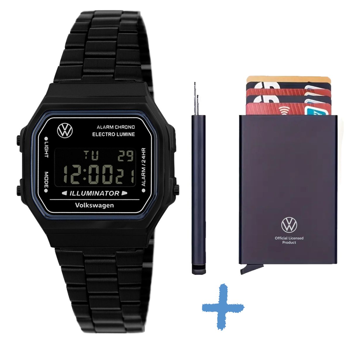 폭스바겐 와치(VOLKSVAGEN WATCH) 레트로 디지탈 올블랙+카드지갑+무료각인