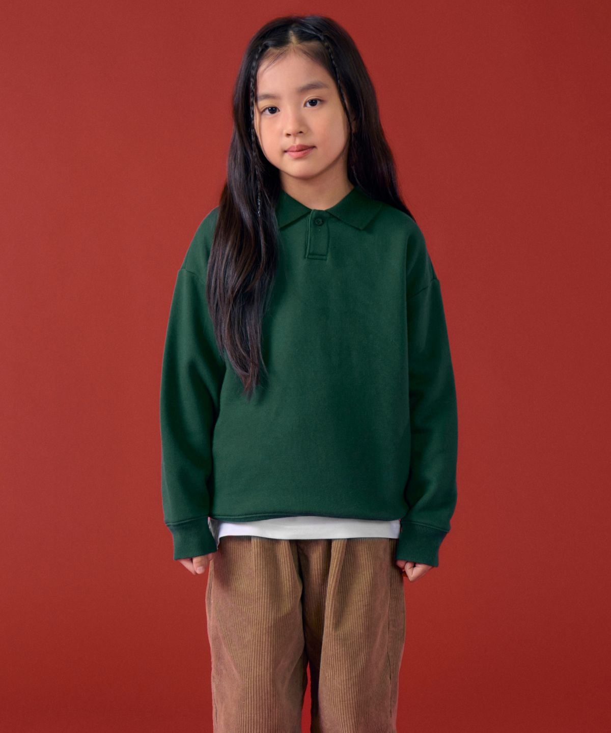 무신사 스탠다드 키즈(MUSINSA STANDARD KIDS) 기모 오버사이즈 칼라드 스웨트셔츠 [그린]