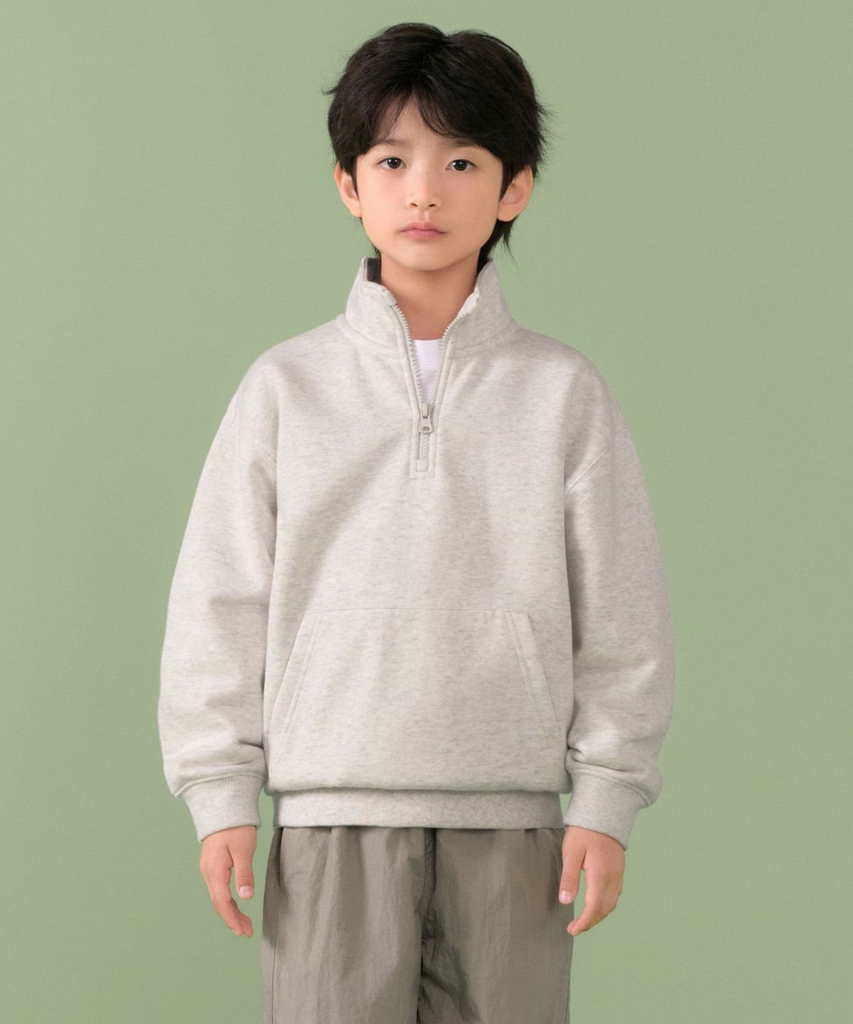 무신사 스탠다드 키즈(MUSINSA STANDARD KIDS) 기모 오버사이즈 하프 집업 스웨트셔츠 [오트밀]