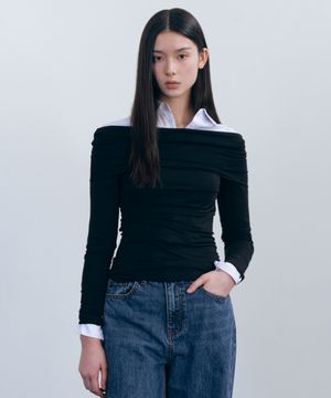 우먼즈 텐셀 턴 다운 오프 숄더 긴소매 티셔츠 [블랙]