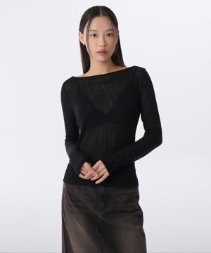 우먼즈 버티컬 시어 보트 넥 긴소매 티셔츠 [블랙]