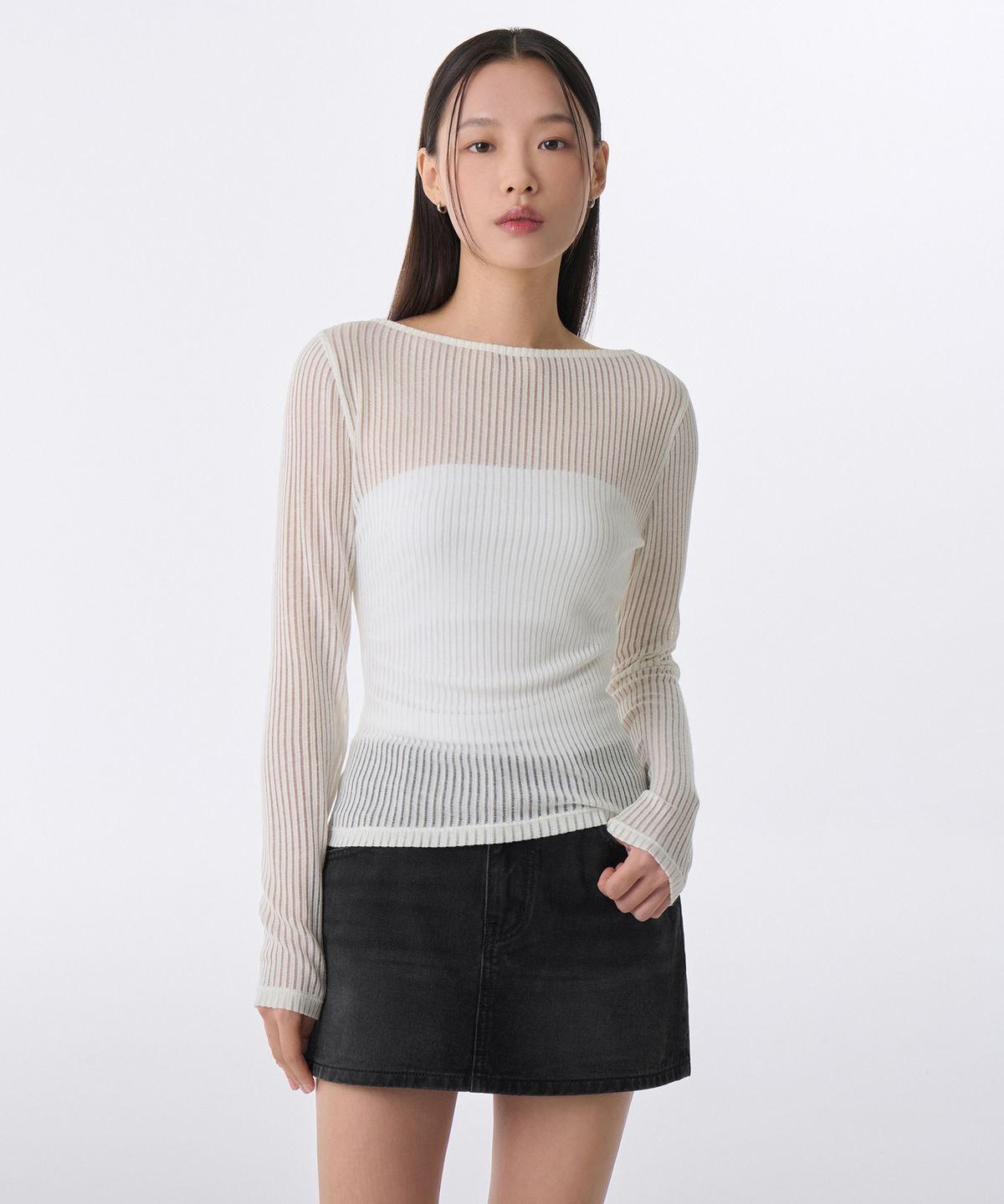 무신사 스탠다드 우먼(MUSINSA STANDARD WOMAN) 우먼즈 버티컬 시어 보트 넥 긴소매 티셔츠 [아이보리]
