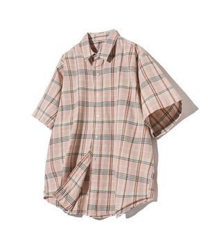 87-STAN071 소프트 빈티지 오버핏 반팔 체크 셔츠 핑크