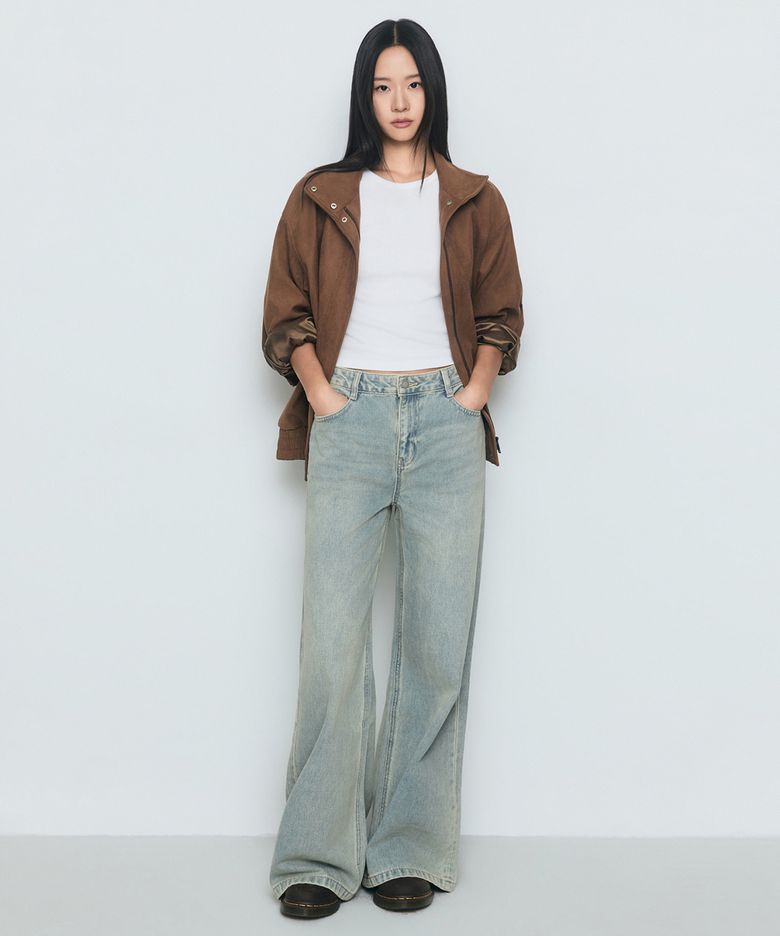 우먼즈 와이드 트라페즈 데님 팬츠 [옐로우 스카이 블루]