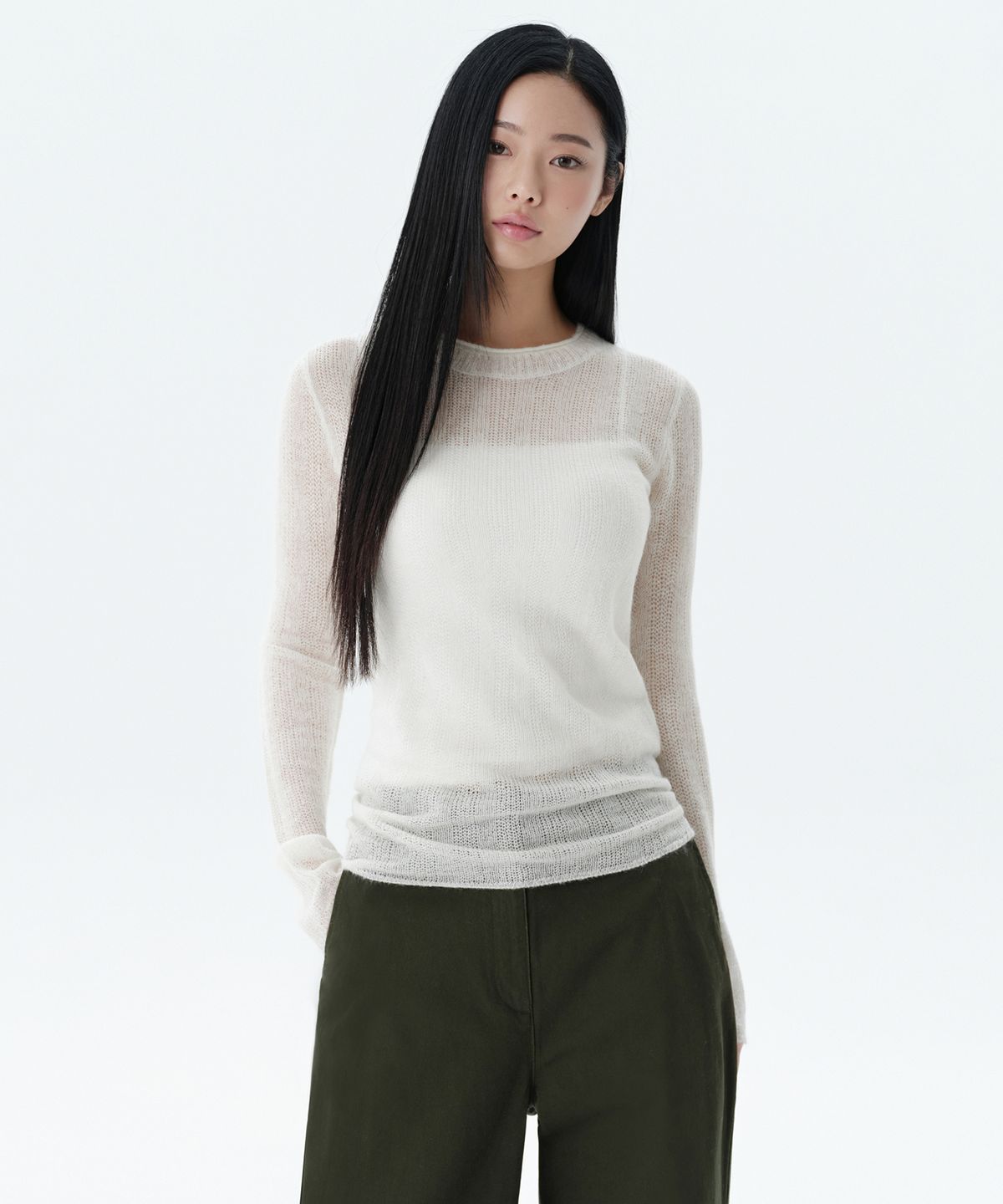 무신사 스탠다드 우먼(MUSINSA STANDARD WOMAN) 우먼즈 시어 버티컬 텍스처드 니트 [아이보리]