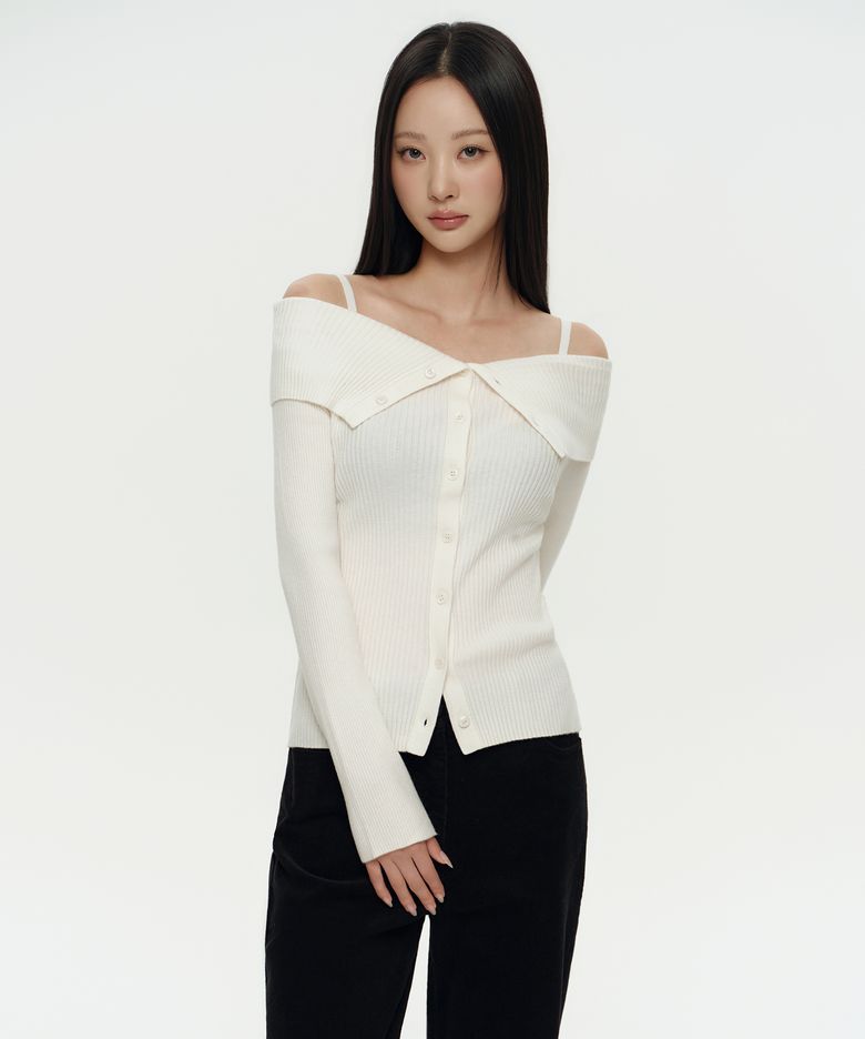 우먼즈 리브드 턴 다운 오프 숄더 가디건 [아이보리]