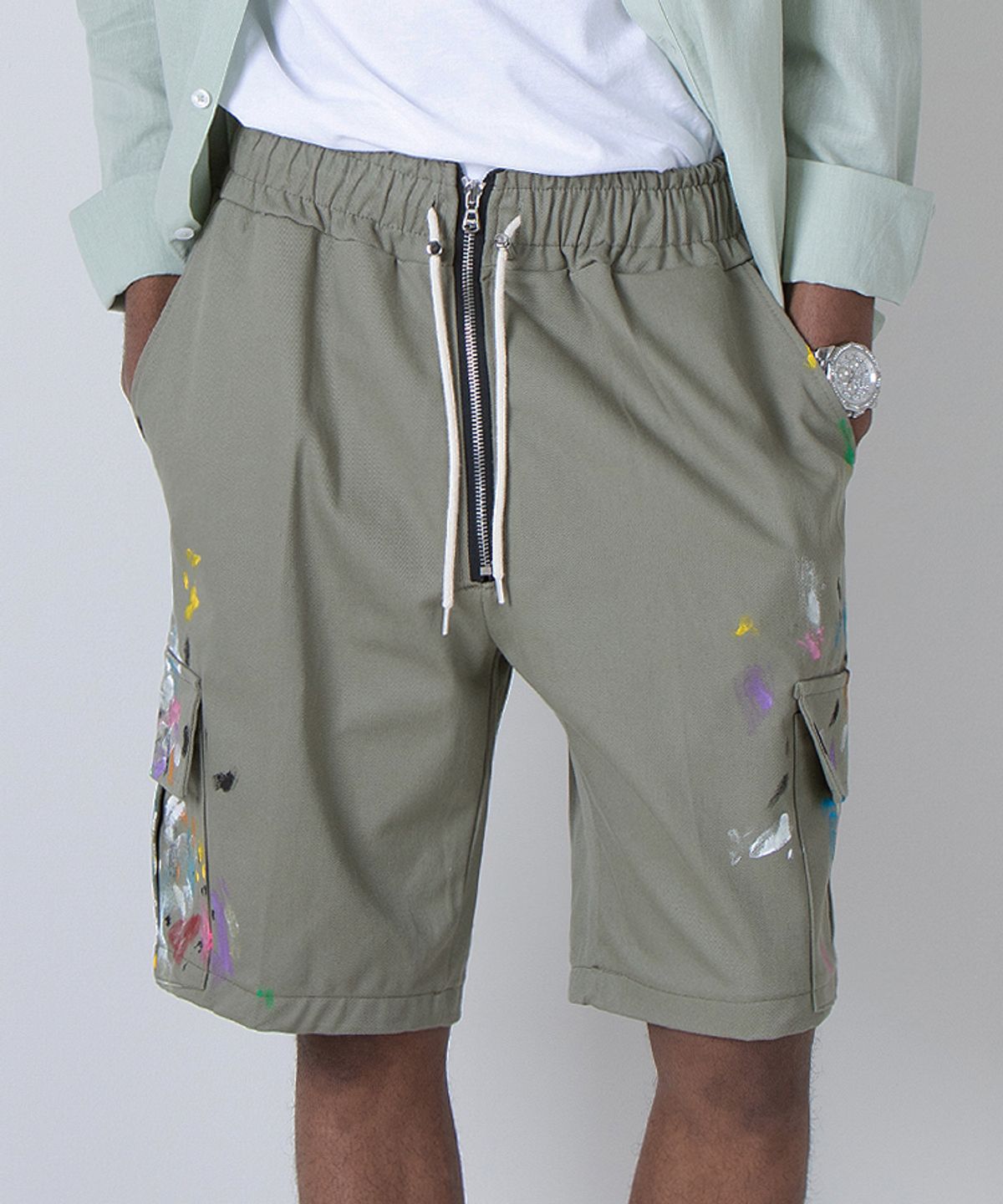 스트라이크(STRIKE) Artistic Olive Washed Exposed Zipper Cargo Shorts (RELAX)