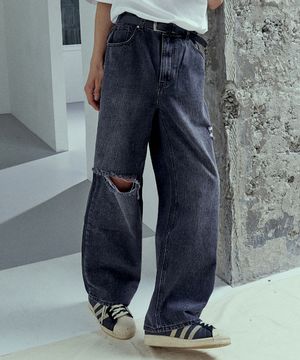 데미지 컷팅 워싱 와이드 데님 팬츠 흑청