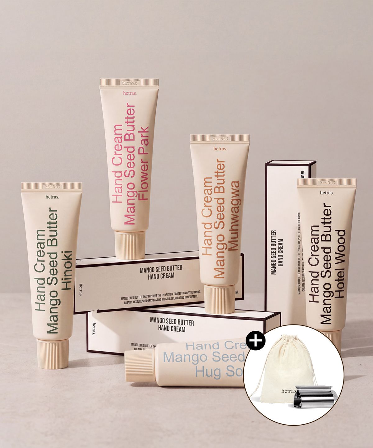 헤트라스 뷰티(HETRAS BEAUTY) 퍼퓸 실키 촉감 핸드크림 50ml 5개입 선물세트 + 파우치/튜브링거 증정